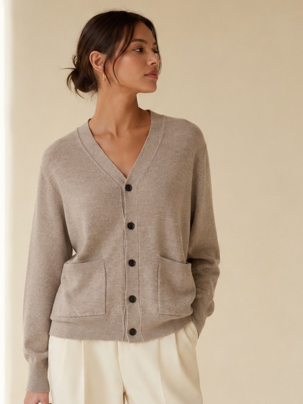 Club Monaco Quiet Luxury Taupe 100% Wool Cardigan 5 Button Sz M